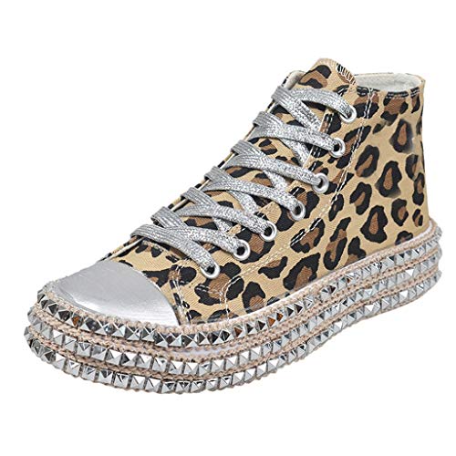 HOUMENGO Mujer Dance Fitness Sneakers Entrenadores Transpirables y Ligero Antideslizante Zapatos Casuales Bajos con Cordones Zapatos De Lona con Fondo Grueso De Cuerda De CáñAmo De Leopardo Femenino