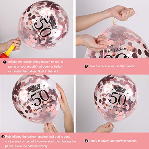 HOWAF Decoración de cumpleaños 50 en Oro Rosa para Mujeres, 59 Piezas Feliz cumpleaños Decoración Globos Guirnalda Banner 50 Años Globos de Confeti y Estrella Corazon Globos de Aluminio