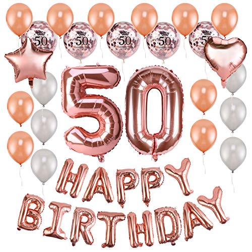 HOWAF Decoración de cumpleaños 50 en Oro Rosa para Mujeres, 59 Piezas Feliz cumpleaños Decoración Globos Guirnalda Banner 50 Años Globos de Confeti y Estrella Corazon Globos de Aluminio