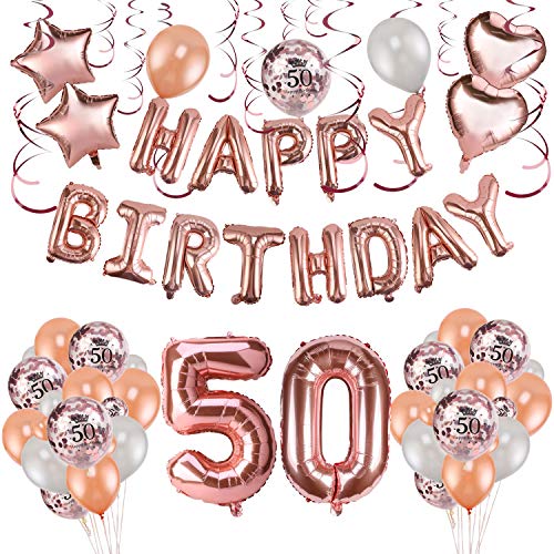 HOWAF Decoración de cumpleaños 50 en Oro Rosa para Mujeres, 59 Piezas Feliz cumpleaños Decoración Globos Guirnalda Banner 50 Años Globos de Confeti y Estrella Corazon Globos de Aluminio