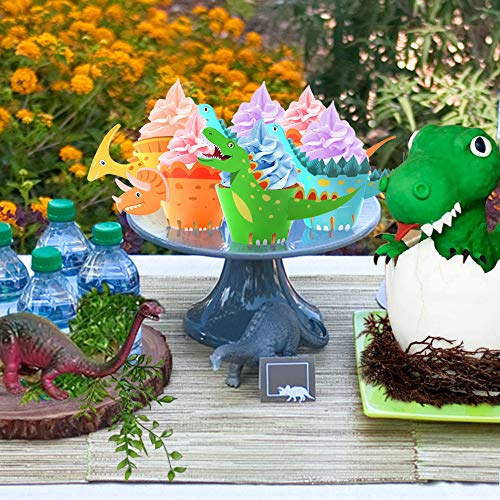 HOWAF Dinosaurio Cupcake Topper de Tarta Magdalenas Decoración y Doble Cara Cupcake Wrappers para Niños Infantiles Fiestas de Cumpleaños Decoración Suministros (48Pack)