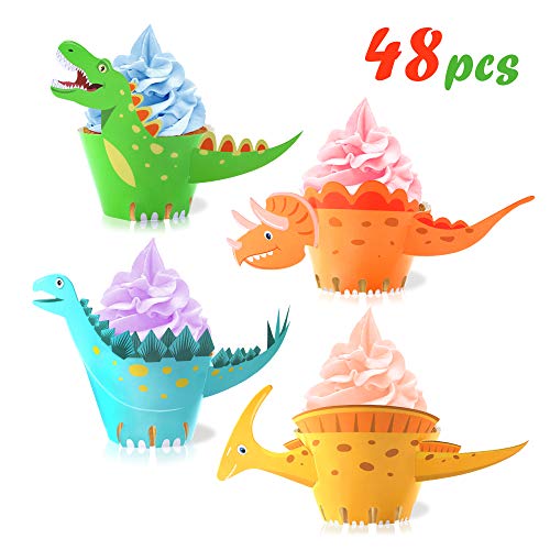 HOWAF Dinosaurio Cupcake Topper de Tarta Magdalenas Decoración y Doble Cara Cupcake Wrappers para Niños Infantiles Fiestas de Cumpleaños Decoración Suministros (48Pack)