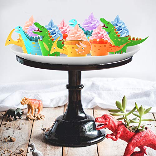 HOWAF Dinosaurio Cupcake Topper de Tarta Magdalenas Decoración y Doble Cara Cupcake Wrappers para Niños Infantiles Fiestas de Cumpleaños Decoración Suministros (48Pack)