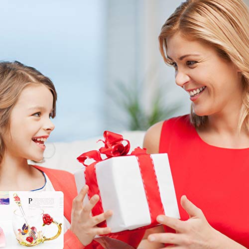 HOWAF Taza de Cristal de Esmalte Taza de té de Rosa Flores Tazas de café con Cuchara, Posavasos, Regalos para Mujer Mamá Cumpleaños Día de la Madre San Valentín Aniversario Bodas