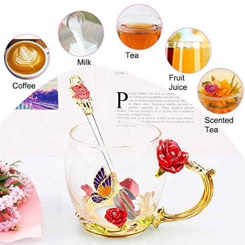 HOWAF Taza de Cristal de Esmalte Taza de té de Rosa Flores Tazas de café con Cuchara, Posavasos, Regalos para Mujer Mamá Cumpleaños Día de la Madre San Valentín Aniversario Bodas