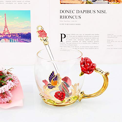 HOWAF Taza de Cristal de Esmalte Taza de té de Rosa Flores Tazas de café con Cuchara, Posavasos, Regalos para Mujer Mamá Cumpleaños Día de la Madre San Valentín Aniversario Bodas