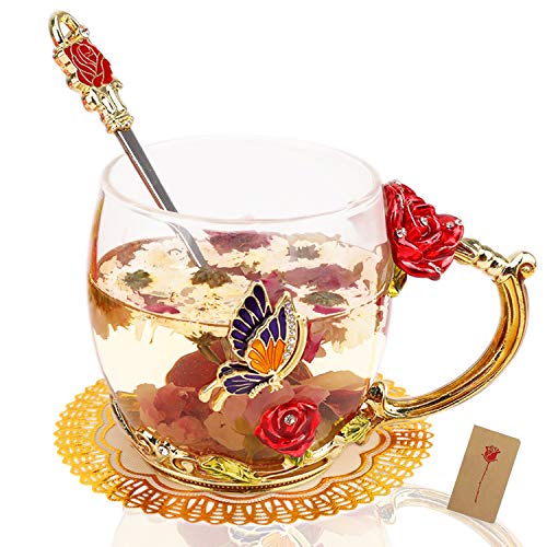 HOWAF Taza de Cristal de Esmalte Taza de té de Rosa Flores Tazas de café con Cuchara, Posavasos, Regalos para Mujer Mamá Cumpleaños Día de la Madre San Valentín Aniversario Bodas