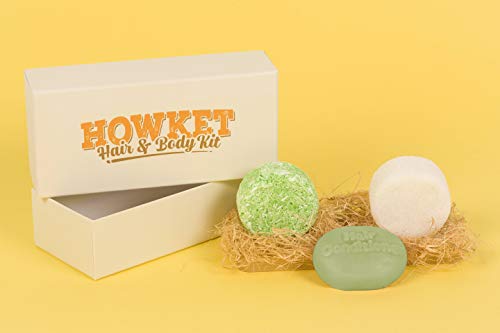 Howket, Set ecológico, Champú sólido Crema de Menta + Acondicionador Árbol de Te + Gel exfoliante Coco + Jabonera bambú (Cold Summer)