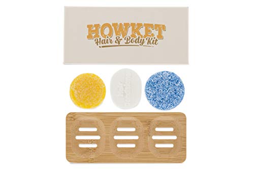 Howket, Set ecológico, Champú sólido Ocean + Acondicionador Jazmín + Gel exfoliante de Jengibre + Jabonera de Bambú (Persian Blue)