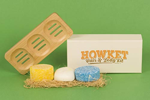 Howket, Set ecológico, Champú sólido Ocean + Acondicionador Jazmín + Gel exfoliante de Jengibre + Jabonera de Bambú (Persian Blue)