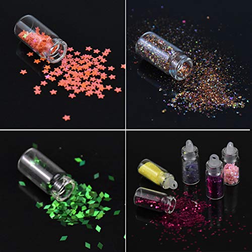 HQdeal 48 botellas Lentejuelas Holográficas de Uñas, Decoración de Uñas, Purpurinas Polvo, Estrellas Corazón Lentejuelas Glitter Flakes Paillette Brillante Decoración para Manicura y Diseños de Uñas