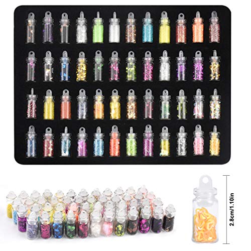 HQdeal 48 botellas Lentejuelas Holográficas de Uñas, Decoración de Uñas, Purpurinas Polvo, Estrellas Corazón Lentejuelas Glitter Flakes Paillette Brillante Decoración para Manicura y Diseños de Uñas