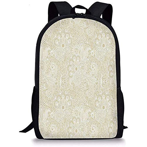 Hui-Shop Mochilas Escolares Henna, Motivos rizados inspirados en la Naturaleza Resumen Intrincado patrón de Flourish Retro Revival Design Tan White para niños Niñas