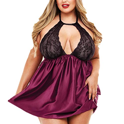 HULKY Ropa Interior Mujer Sexy Conjuntos Lenceria Mujer Sexy Tallas Grandes Pijama Mujer Bata Saten Ropa de Dormir Mujer Sexy Saten Lenceria Erótica Mujer Picardias Mujer Sexy(Vino,XXXXXL)
