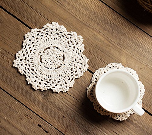 ICEBLUEOR - Juego de 6 manteles individuales de algodón hechos a mano, diseño de flores de ganchillo redondo (14 cm), color crema