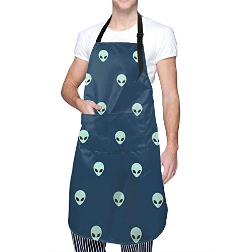 Icono de Cabeza alienígena Simple Patrón sin Costuras Delantal de Cocineros de Cocina con 2 Bolsillos Delantal de Chef Ajustable para Hornear Jardinería Restaurante BBQ
