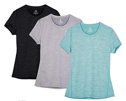 icyzone Camiseta de Fitness Deportiva de Manga Corta para Mujer, Pack de 3 (L, Negro/Granito/Verde)