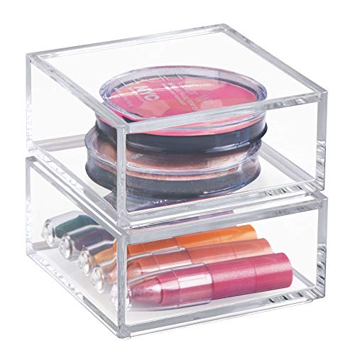 iDesign Organizador de maquillaje con tapa (10,2 x 10,2 x 5,1 cm), caja de belleza pequeña en plástico sin BPA, organizador de cosméticos apilable de acrílico, transparente