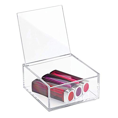 iDesign Organizador de maquillaje con tapa (10,2 x 10,2 x 5,1 cm), caja de belleza pequeña en plástico sin BPA, organizador de cosméticos apilable de acrílico, transparente