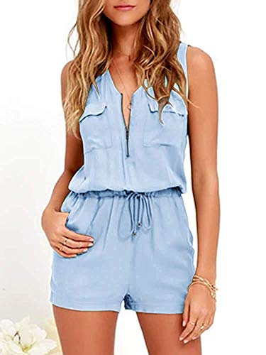 Imily Bela - Mono de Verano para Mujer, Cuello en V, con Cremallera, Talle Alto - Azul - XL