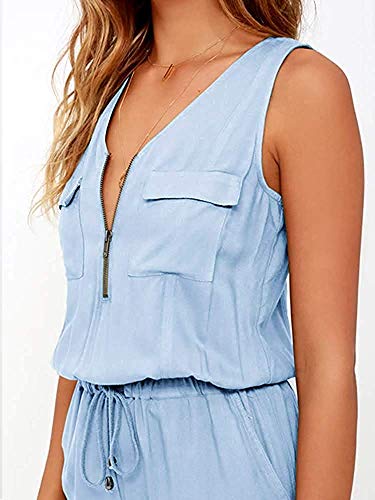 Imily Bela - Mono de Verano para Mujer, Cuello en V, con Cremallera, Talle Alto - Azul - XL