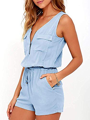 Imily Bela - Mono de Verano para Mujer, Cuello en V, con Cremallera, Talle Alto - Azul - XL