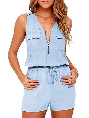 Imily Bela - Mono de Verano para Mujer, Cuello en V, con Cremallera, Talle Alto - Azul - XL