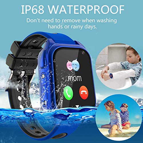 Impermeable GPS Smartwatch para Niños, IP67 Impermeable Reloj inteligente Phone con GPS LBS Tracker SOS Chat de voz Cámara Podómetro Juego Watch Niño niña Compatible con iOS Android (SS8-Blue)