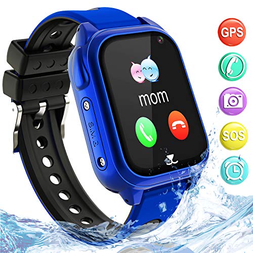 Impermeable GPS Smartwatch para Niños, IP67 Impermeable Reloj inteligente Phone con GPS LBS Tracker SOS Chat de voz Cámara Podómetro Juego Watch Niño niña Compatible con iOS Android (SS8-Blue)