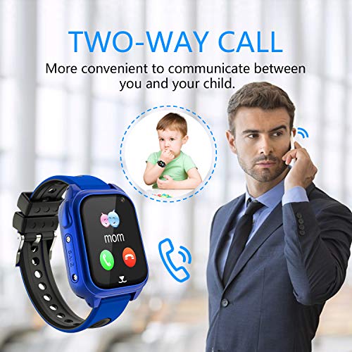 Impermeable GPS Smartwatch para Niños, IP67 Impermeable Reloj inteligente Phone con GPS LBS Tracker SOS Chat de voz Cámara Podómetro Juego Watch Niño niña Compatible con iOS Android (SS8-Blue)