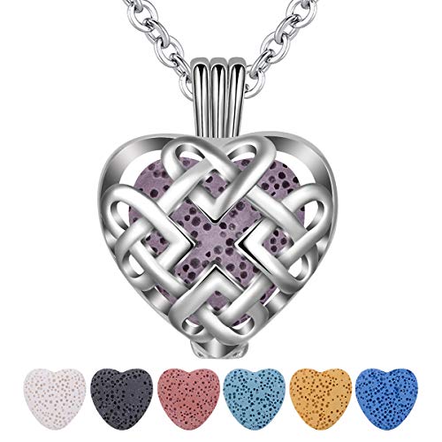 INFUSEU Aromatherapy Essential Oil Diffuser Collar para Mujer, Celtic Knot Heart Perfume Diffuser Colgante con 6PC Lava Stones & Chain 24", Regalos para Dama