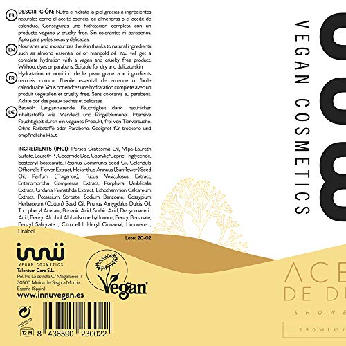 Innu Vegan - Aceite de Ducha - 250ml - Aceite corporal nutre e hidrata la piel - Ingredientes naturales  - Aceite esencial de Almendras y de Caléndula - Vegano y Cruelty Free - Vegan Society