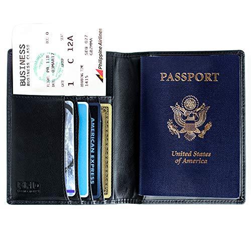 Inspiring Adventures Cartera de Pasaporte, Bloqueo RFID de Cuero, Titular de Pasaporte Premium, Caja de Regalo (Discreto Negro)