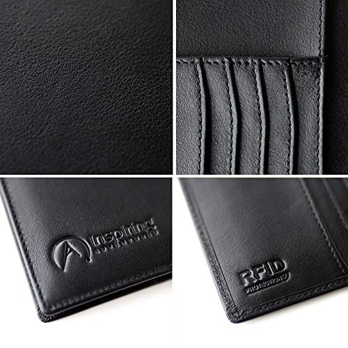 Inspiring Adventures Cartera de Pasaporte, Bloqueo RFID de Cuero, Titular de Pasaporte Premium, Caja de Regalo (Discreto Negro)