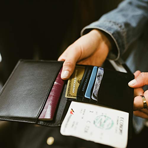 Inspiring Adventures Cartera de Pasaporte, Bloqueo RFID de Cuero, Titular de Pasaporte Premium, Caja de Regalo (Discreto Negro)