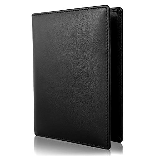 Inspiring Adventures Cartera de Pasaporte, Bloqueo RFID de Cuero, Titular de Pasaporte Premium, Caja de Regalo (Discreto Negro)
