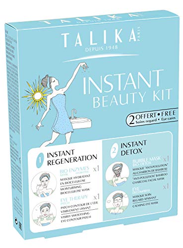Instant Beauty Kit - Talika - kit esencial de belleza - Mascarilla hidratante con Bioenzimas + Parches para el contorno de los ojos + Mascarilla Bubble Bio-Detox + Mascarilla calmante para los ojos