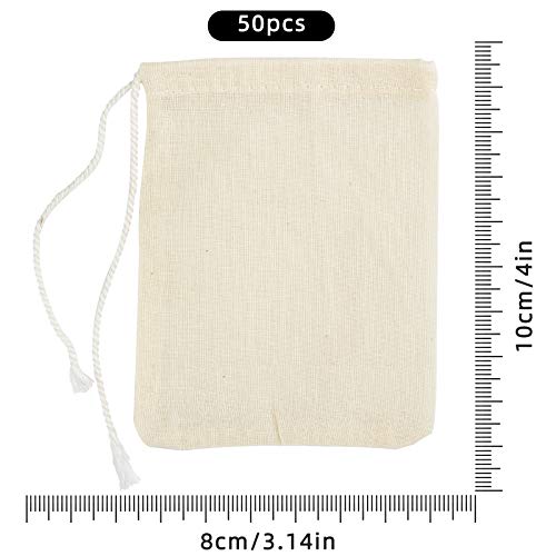 Irich 50 Piezas Bolsas de Muselina, Reutilizable Bolsas de Algodón con Cordón Bolsa de Filtro para Almacenar Hierbas Especias Artesanías (8×10CM)