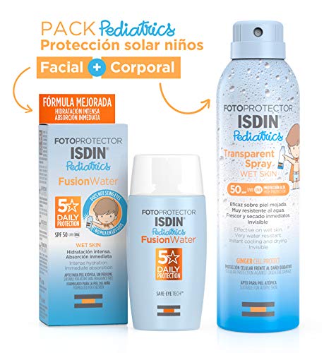 ISDIN Fotoprotector Fusion Water Pediatrics SPF 50, hidratación intensa + Fotoprotector ISDIN Pediatrics transparent spray Wet Skin SPF 50, fotoprotección invisible y ligera para piel mojada 250 ml