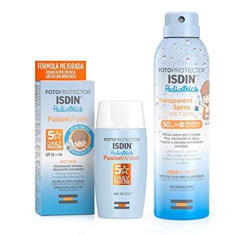 ISDIN Fotoprotector Fusion Water Pediatrics SPF 50, hidratación intensa + Fotoprotector ISDIN Pediatrics transparent spray Wet Skin SPF 50, fotoprotección invisible y ligera para piel mojada 250 ml