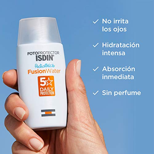 ISDIN Fotoprotector Fusion Water Pediatrics SPF 50, hidratación intensa + Fotoprotector ISDIN Transparent Wet Skin SPF 50, Spray transparente, eficaz sobre piel mojada, Ginger Cell Protect, 250 ml