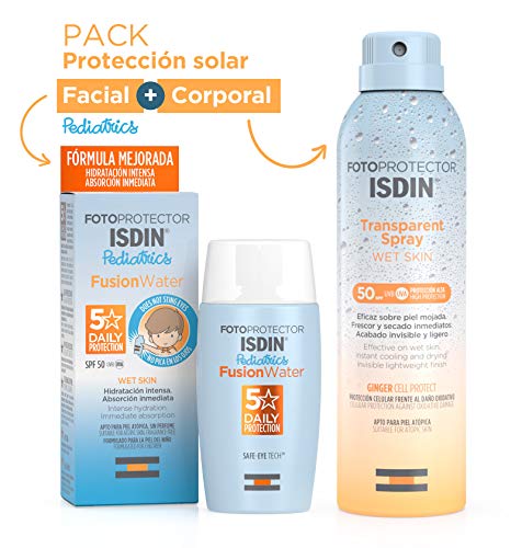 ISDIN Fotoprotector Fusion Water Pediatrics SPF 50, hidratación intensa + Fotoprotector ISDIN Transparent Wet Skin SPF 50, Spray transparente, eficaz sobre piel mojada, Ginger Cell Protect, 250 ml