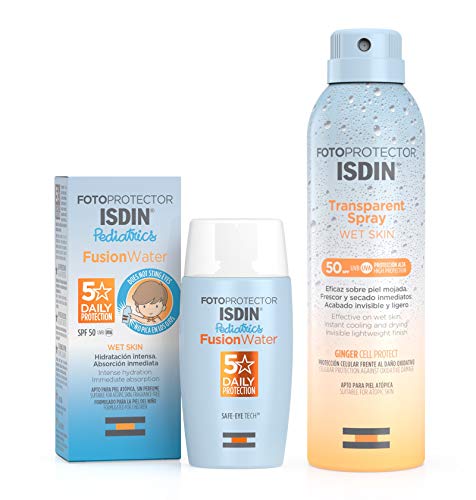 ISDIN Fotoprotector Fusion Water Pediatrics SPF 50, hidratación intensa + Fotoprotector ISDIN Transparent Wet Skin SPF 50, Spray transparente, eficaz sobre piel mojada, Ginger Cell Protect, 250 ml