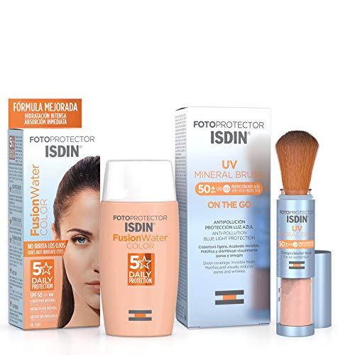 Isdin Fotoprotector UV Mineral Brush SPF 50+, Protector Solar Facial de Uso Diario, 2 g + Fusion Water COLOR SPF 50 - Protector solar facial de fase acuosa con color para uso diario, 50 ml