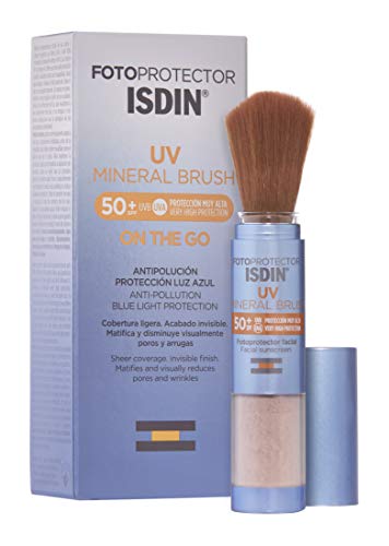Isdin Fotoprotector UV Mineral Brush SPF 50+, Protector Solar Facial de Uso Diario on the Go, Activos Antipolución, Matificante, Acabado Invisible, 2 g