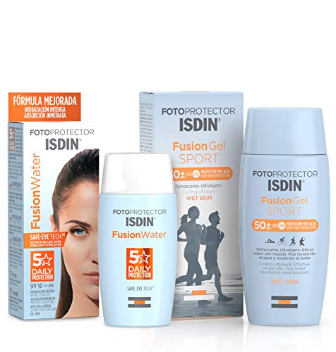 Isdin Fusion Gel SPORT SPF 50+, fotoprotector Corporal refrescante, Wet Skin, 100 ml + Fusion Water SPF 50 - Protector solar facial de fase acuosa para uso diario, 50 ml