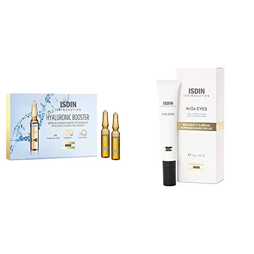 ISDIN Isdinceutics PACK: K-Ox Eyes, Contorno de Ojos para Bolsas y Ojeras, 15m + Hyaluronic Booster, Sérum facial hidratante y calmante intensivo, 10 ampollas