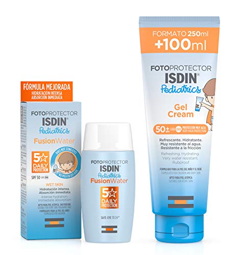 Isdin Pediatrics Gel Cream SPF 50+ - Protector solar corporal para niños, 250 ml + Fusion Water Pediatrics SPF 50 - Protector solar facial para niños, Apto para piel atópica, 50 ml