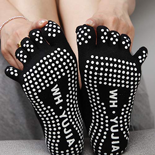 Isuper Antideslizante Calcetines de la Yoga de algodón de Cinco del Dedo del pie Antideslizante Calcetines de dispensación para la Mujer Negro