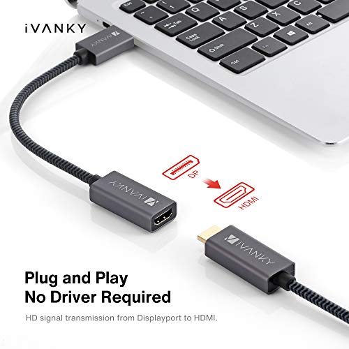IVANKY Adaptador DisplayPort a HDMI [1080P, Trenzado de Nylon, Bañado en Oro] Adaptador DP a HDMI Compatible con HDTV, HP, ThinkPad, AMD, NVIDIA, Escritorio y Más - Hembra a Macho, Espacio Gris
